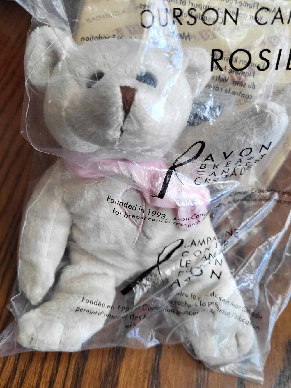 Vintage Avon Cream Plush Bear Rosie Crusade Bear with Pink Ribbon